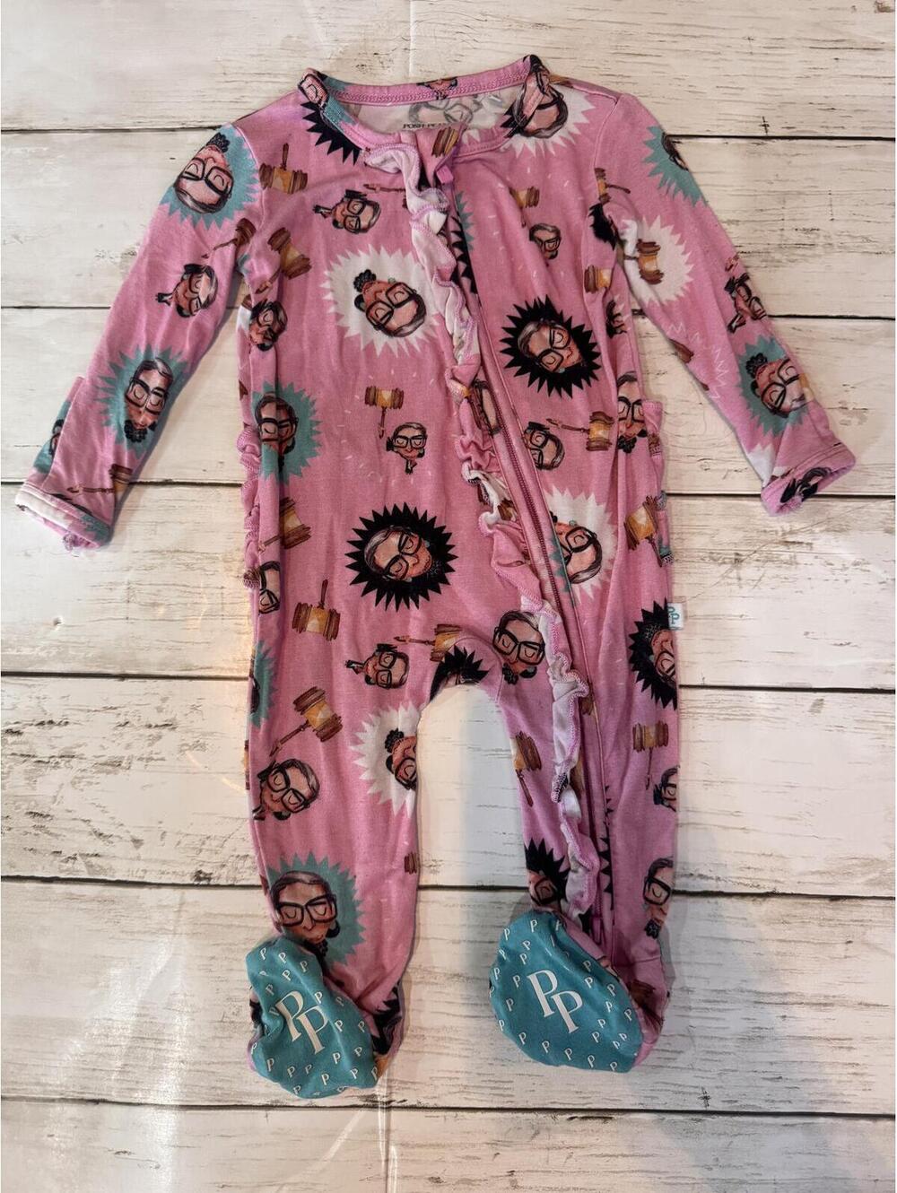 Posh Peanut RBG Ruth Bader Ginsburg Footed Pajamas NB Pink Ruffle Sleeper